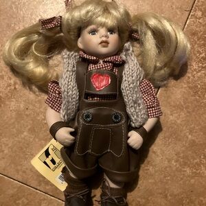Blonde Porcelain Doll with Red Heart Lederhosen from Germany